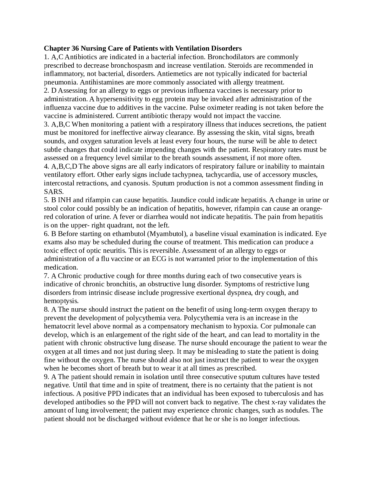 Nursing Care of Patients with Ventilation Disorders answers (Chapter 36)