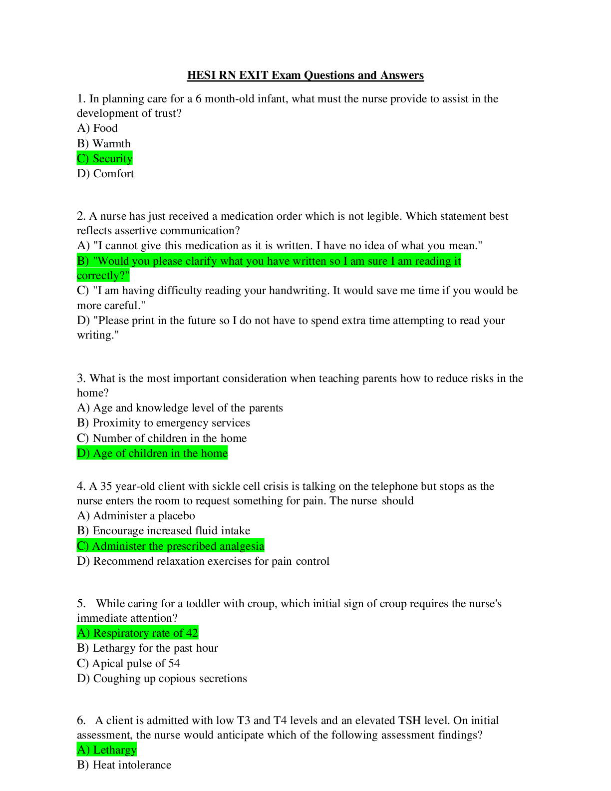 HESI RN EXIT Exam Questions and Answers