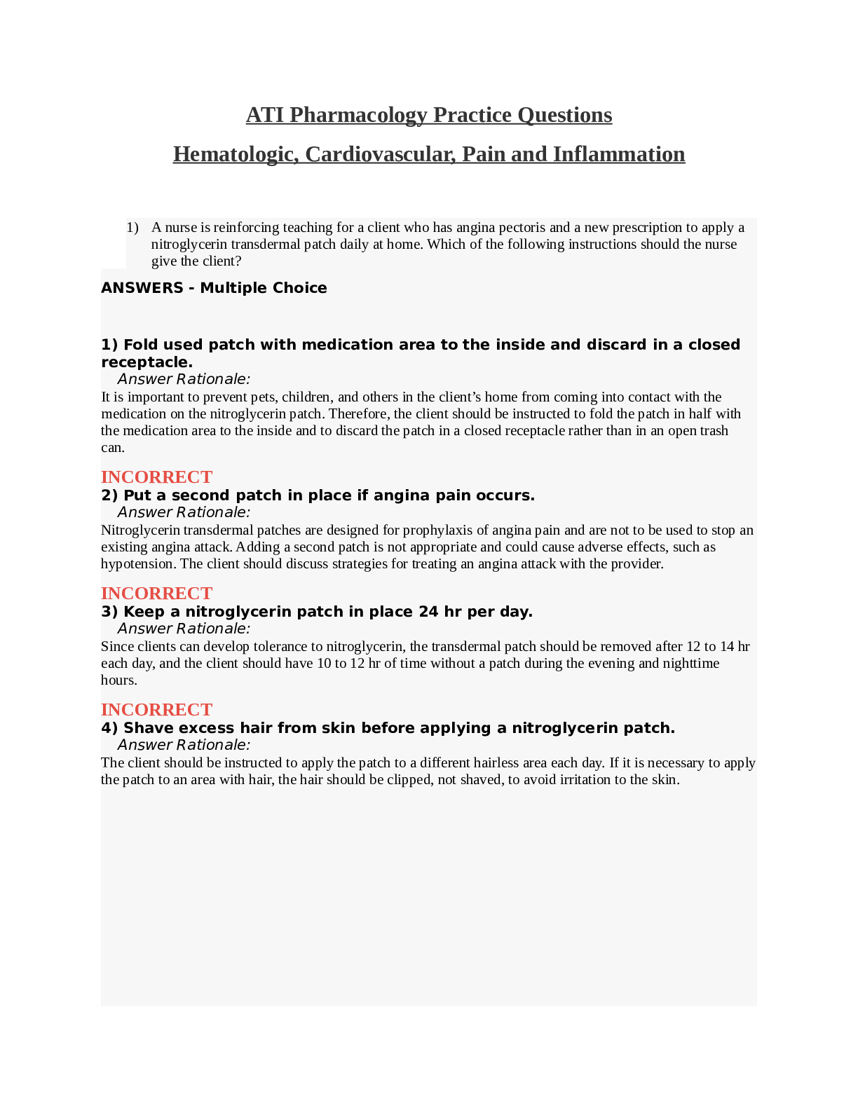 ATI Pharmacology Practice Questions Hematologic, Cardiovascular, Pain and Inflammation (March 18 2020)