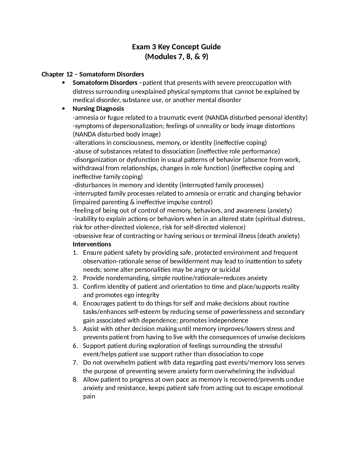 Exam 3 Mental Health Study Guide ( Key Concept Modules 7, 8, & 9)