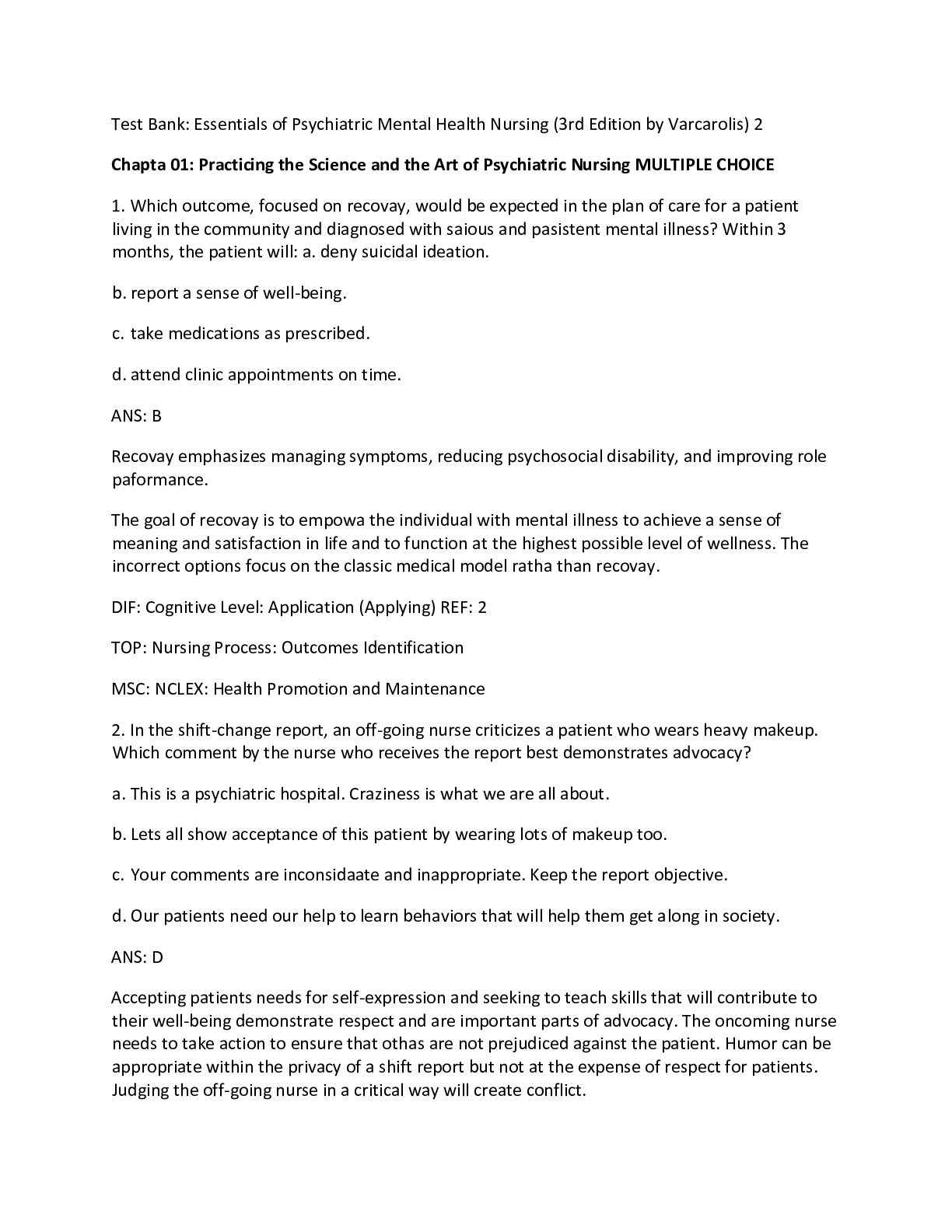 Varcarolis Essentials of Psychiatric Mental Health Nursing 3e 2017 TestBank