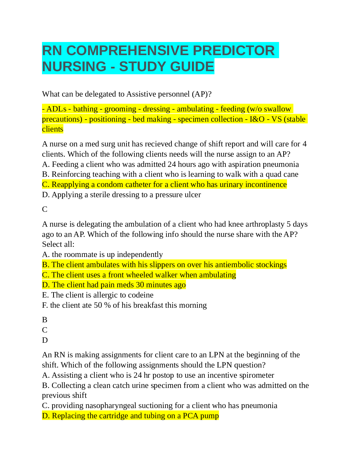 RN COMPREHENSIVE PREDICTOR NURSING - STUDY GUIDE