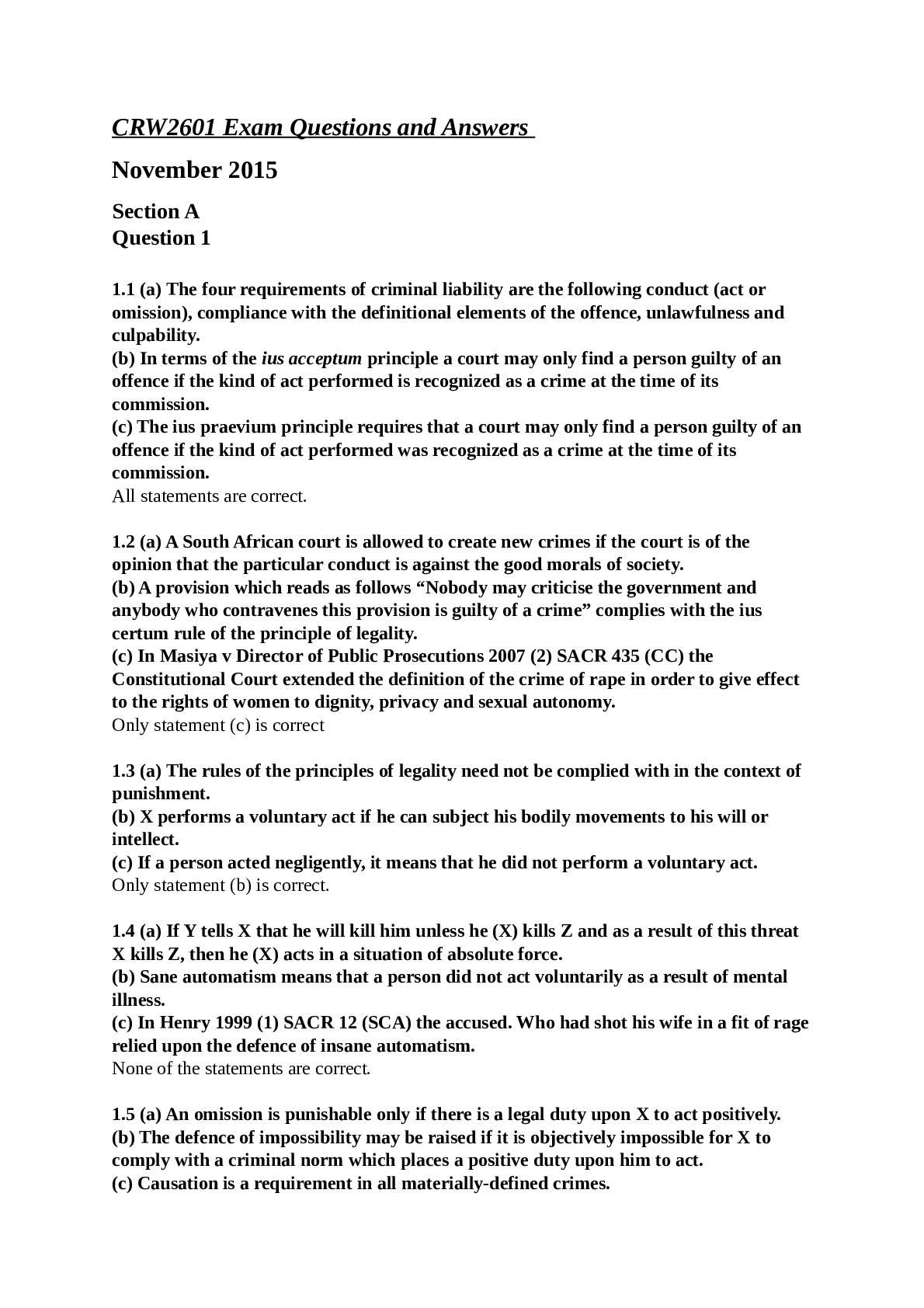 CRW2601 Exam Questions and Answers November 2015