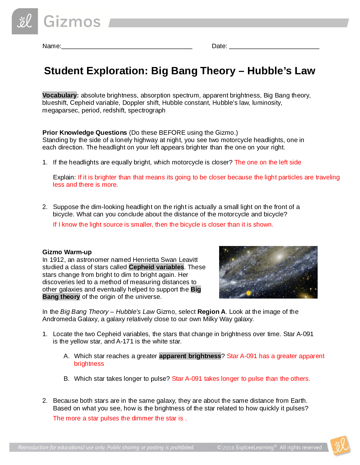 Student Exploration Big Bang Theory – Hubble’s Law