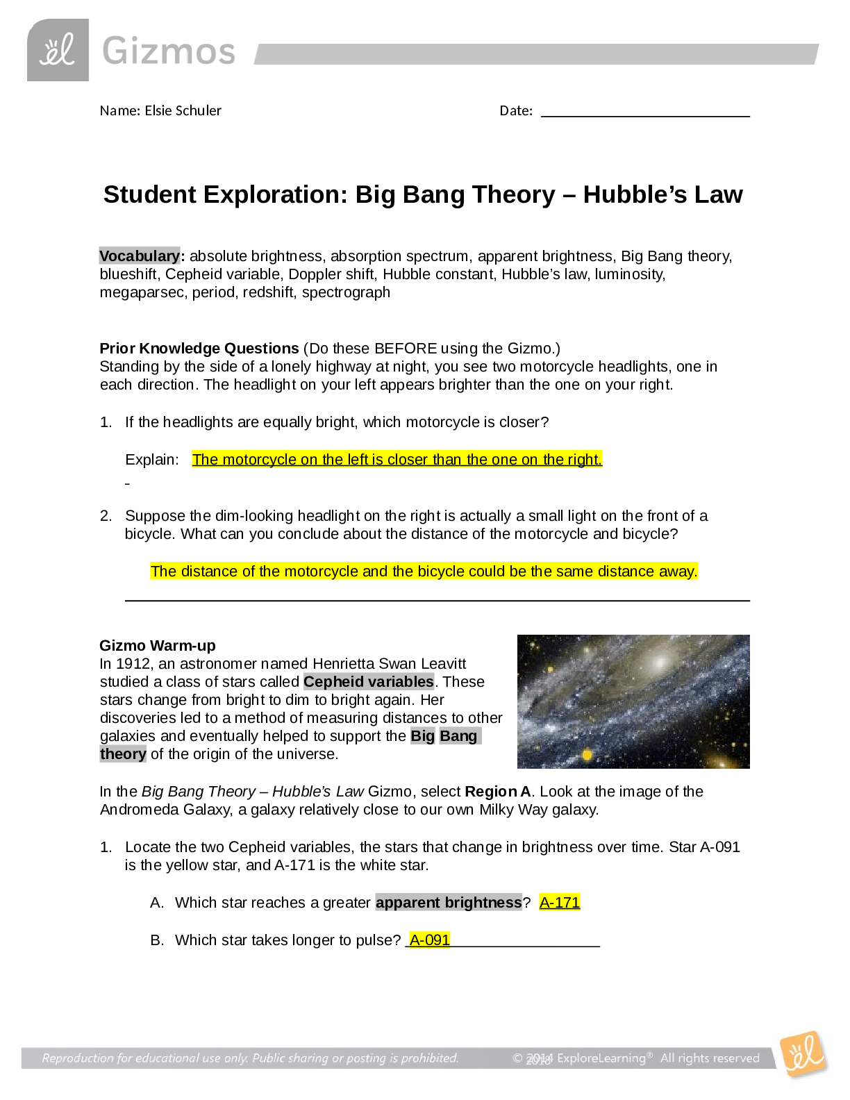 Student Exploration: Big Bang Theory – Hubble’s Law