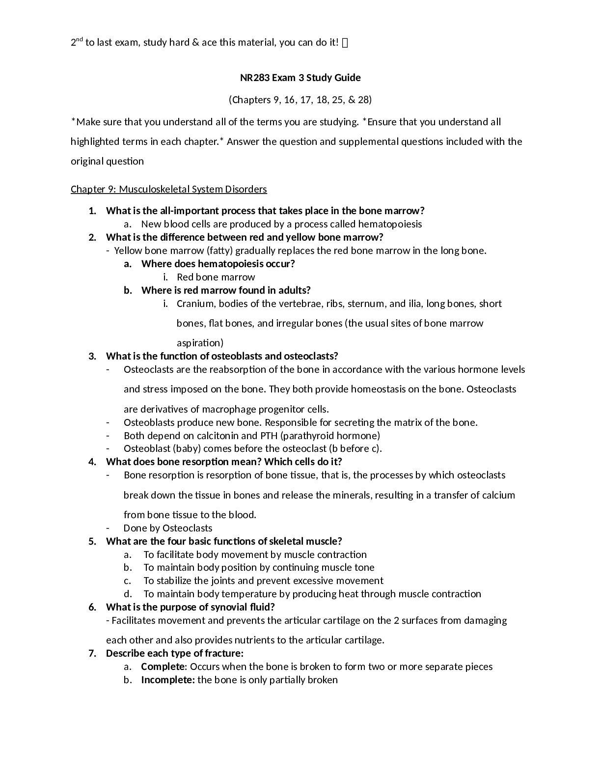 NR283 Exam 3 Study Guide (Chapters 9, 16, 17, 18, 25, & 28)
