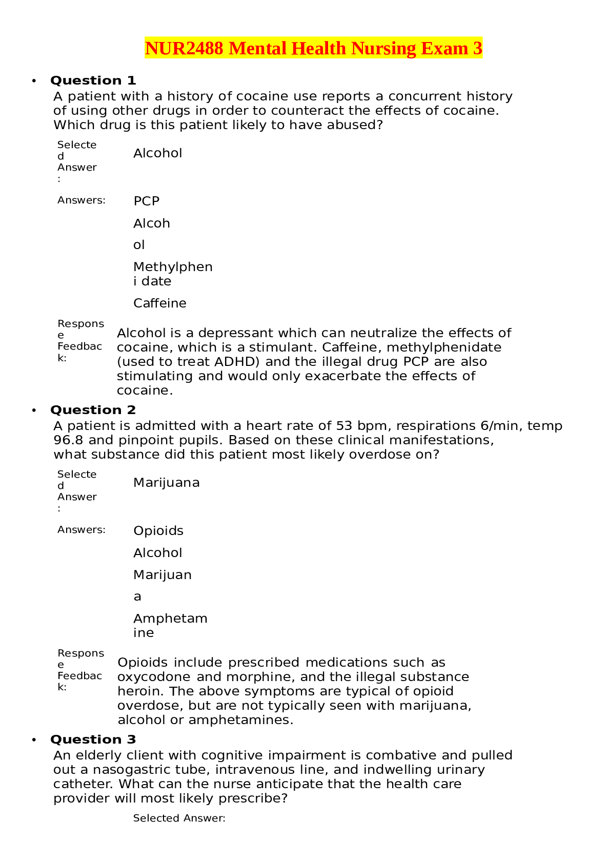 NUR2488 Mental Health Nursing Exam 3