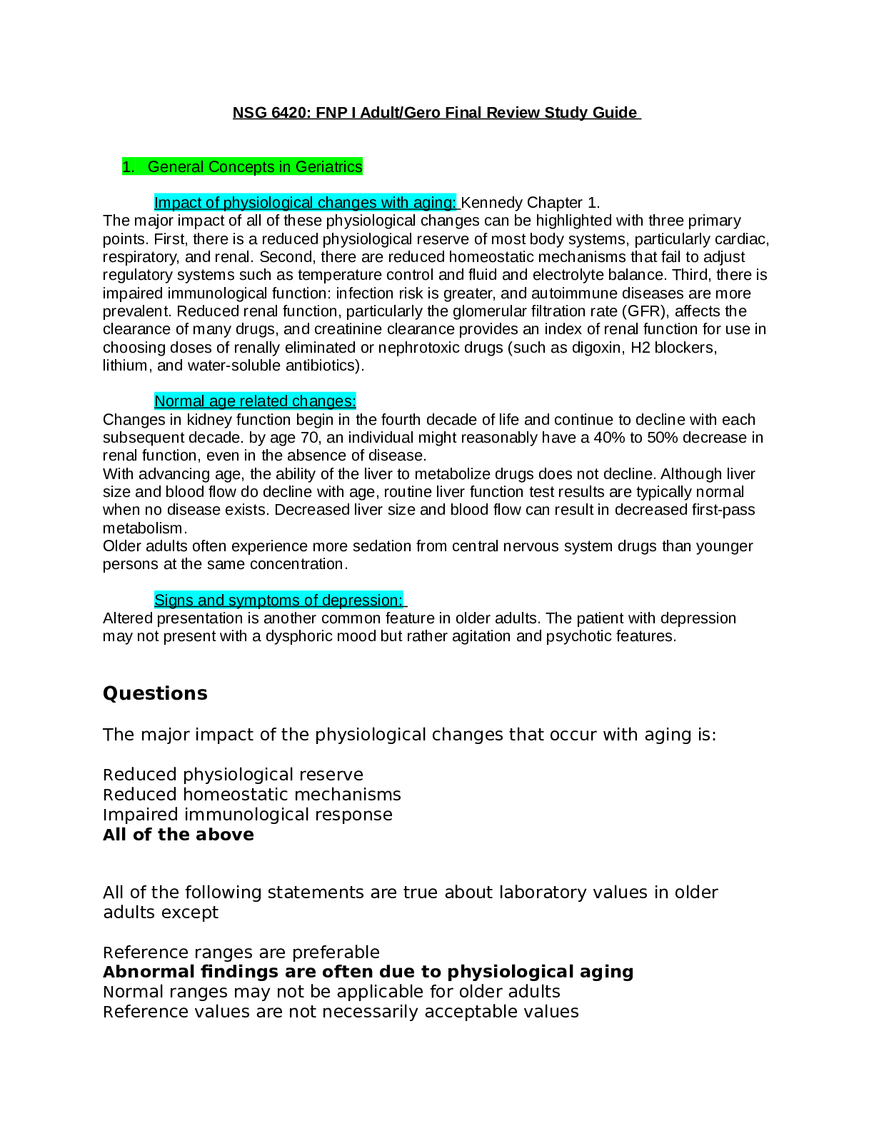 FNP I Adult/Gero Final Review Study Guide (NSG 6420)
