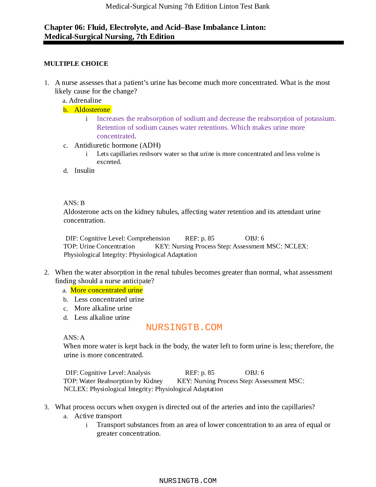 Fluid, Electrolyte, and Acid–Base Imbalance Linton(Chapter 06) Medical-Surgical Nursing, 7th Edition