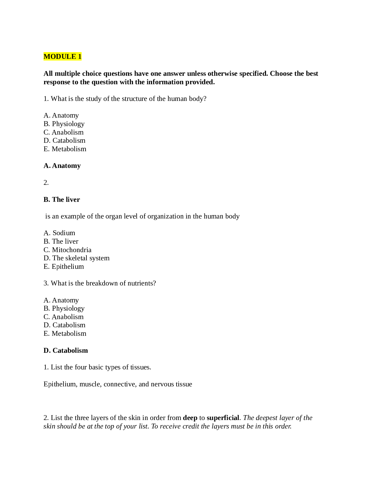 All exams answer key MODULE 1