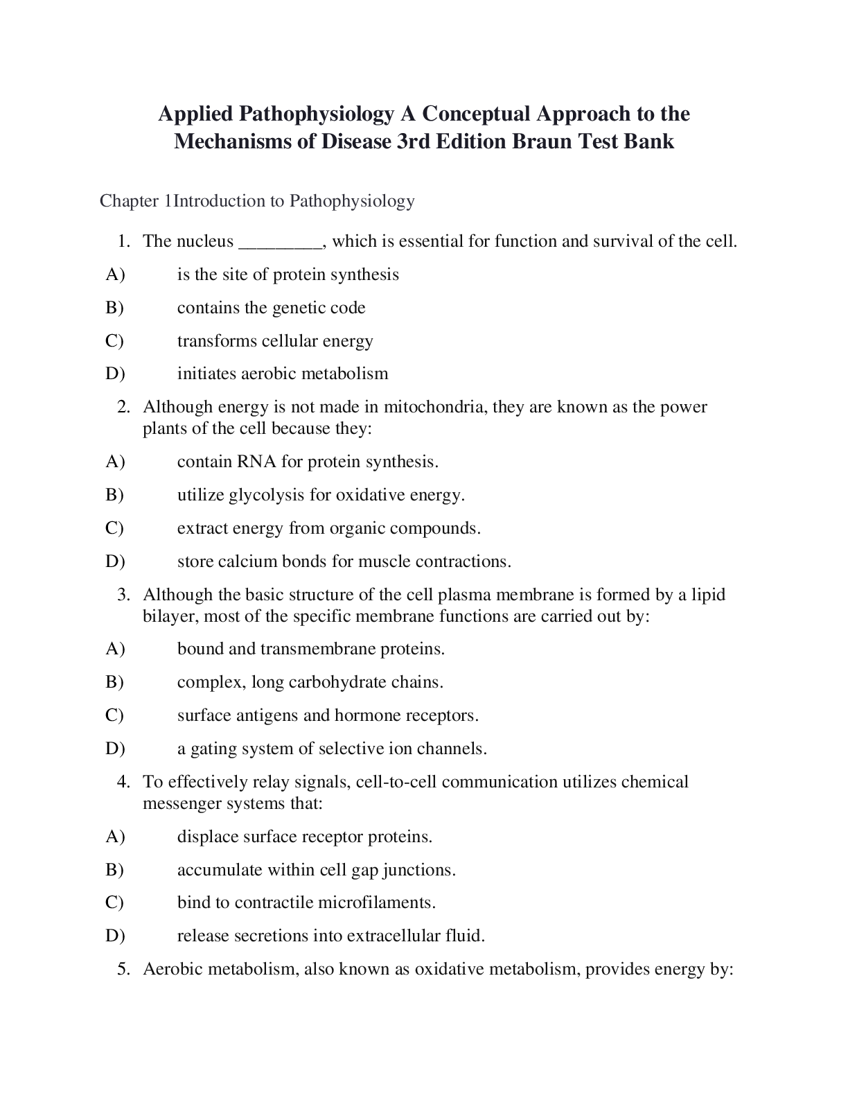 Applied Pathophysiology A Conceptual Approach to the Mechanisms of Disease 3rd Edition Braun Test Bank