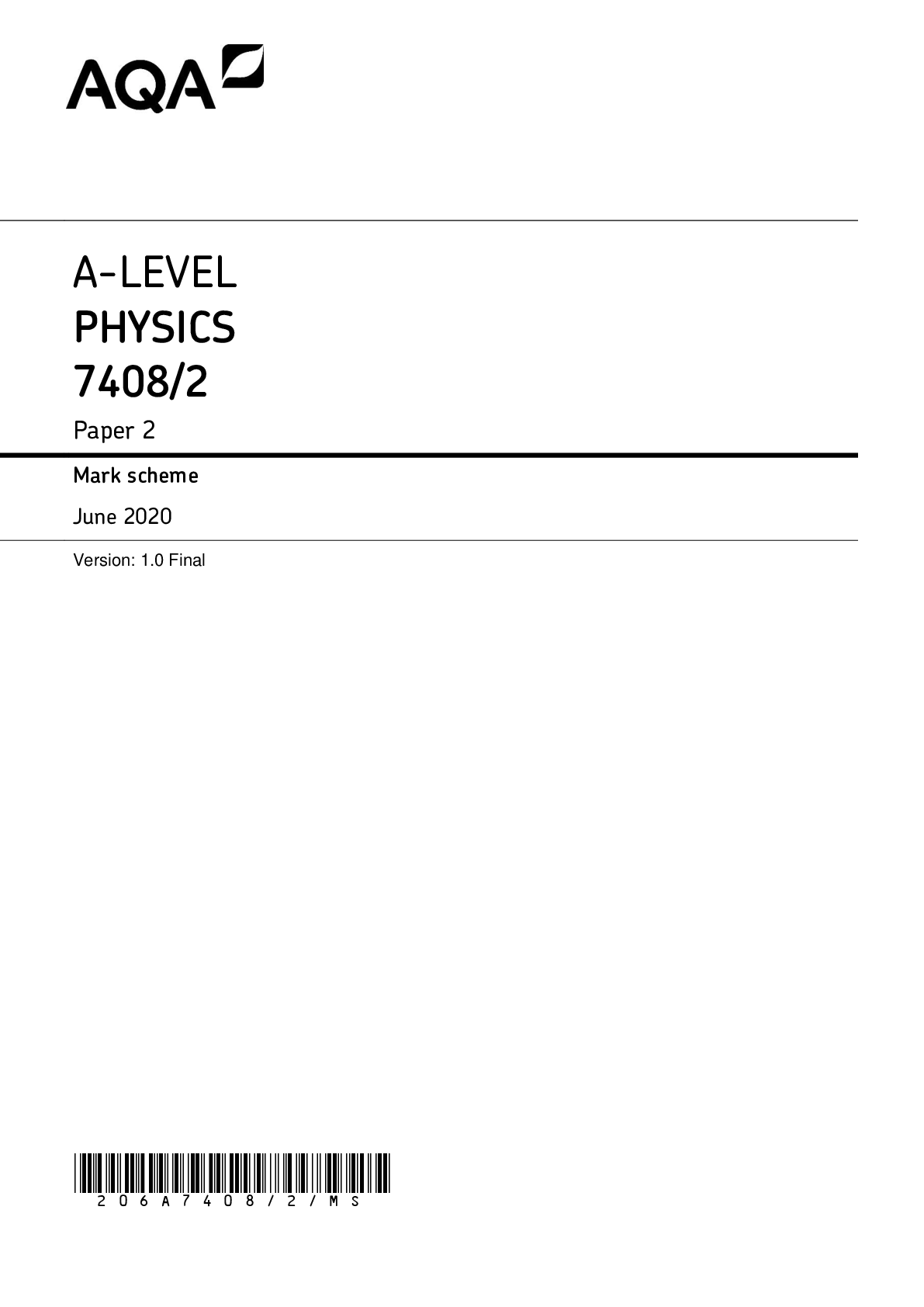 A-LEVEL PHYSICS 7408/2 Paper 2 Mark scheme June 2020