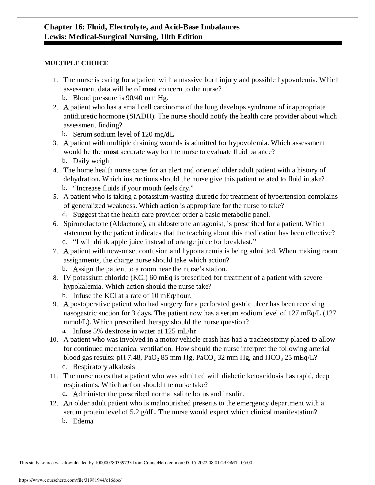 Fluid, Electrolyte, and Acid-Base Imbalances by Lewis Medical-Surgical Nursing, 10th Edition (Chapter 16)