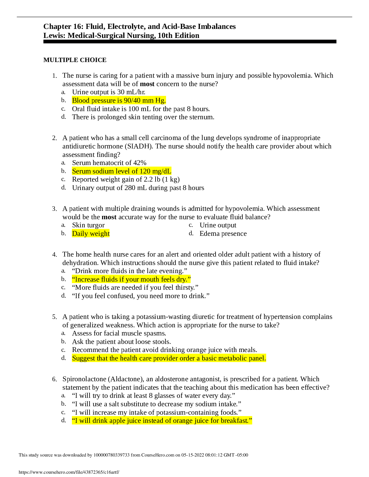 Fluid, Electrolyte, and Acid-Base Imbalances by Lewis Medical-Surgical Nursing, 10th Edition (Chapter 16 a)