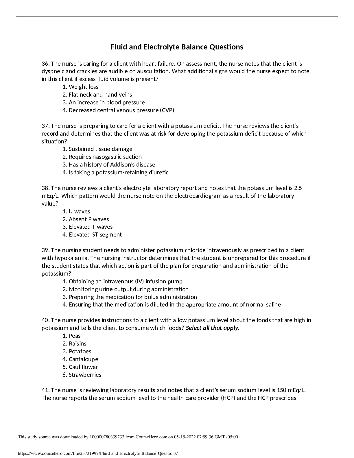 Fluid and Electrolyte Balance Questions
