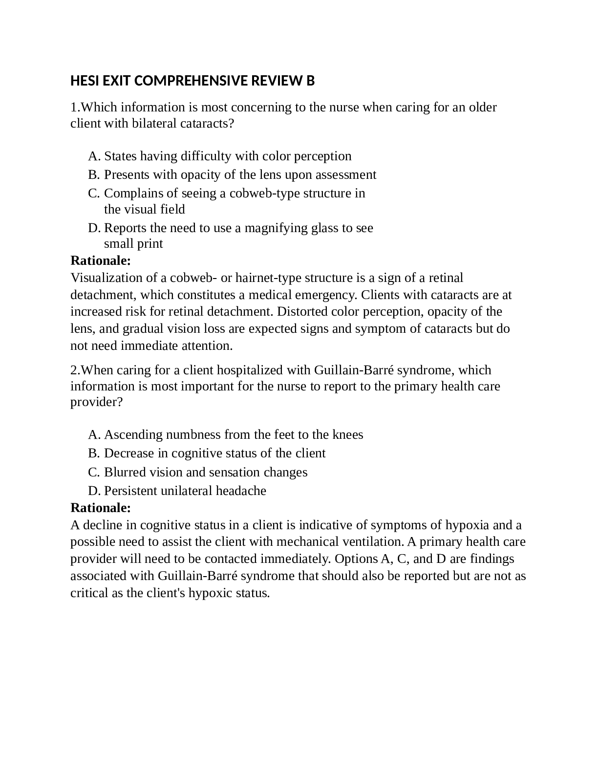 HESI EXIT COMPREHENSIVE REVIEW B WITH DETAILED RATIONALE