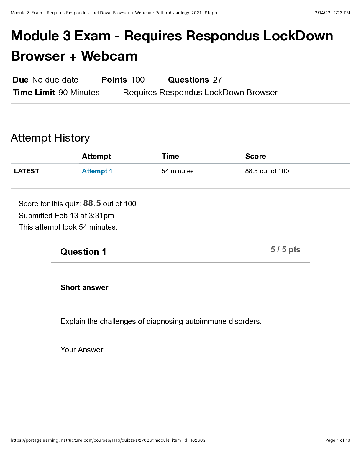 Pathophysiology Module 3 Exam Requires Respondus LockDown Browser 2021
