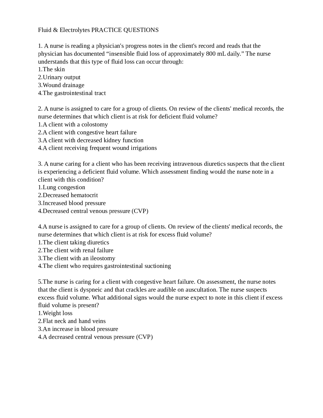 Fluid & Electrolytes PRACTICE QUESTIONS