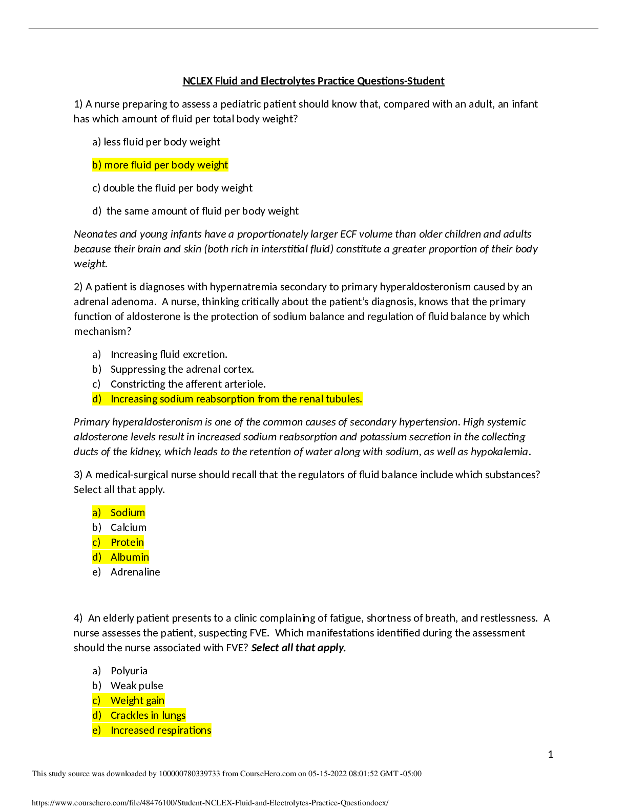 NCLEX Fluid and Electrolytes Practice Questions-Student