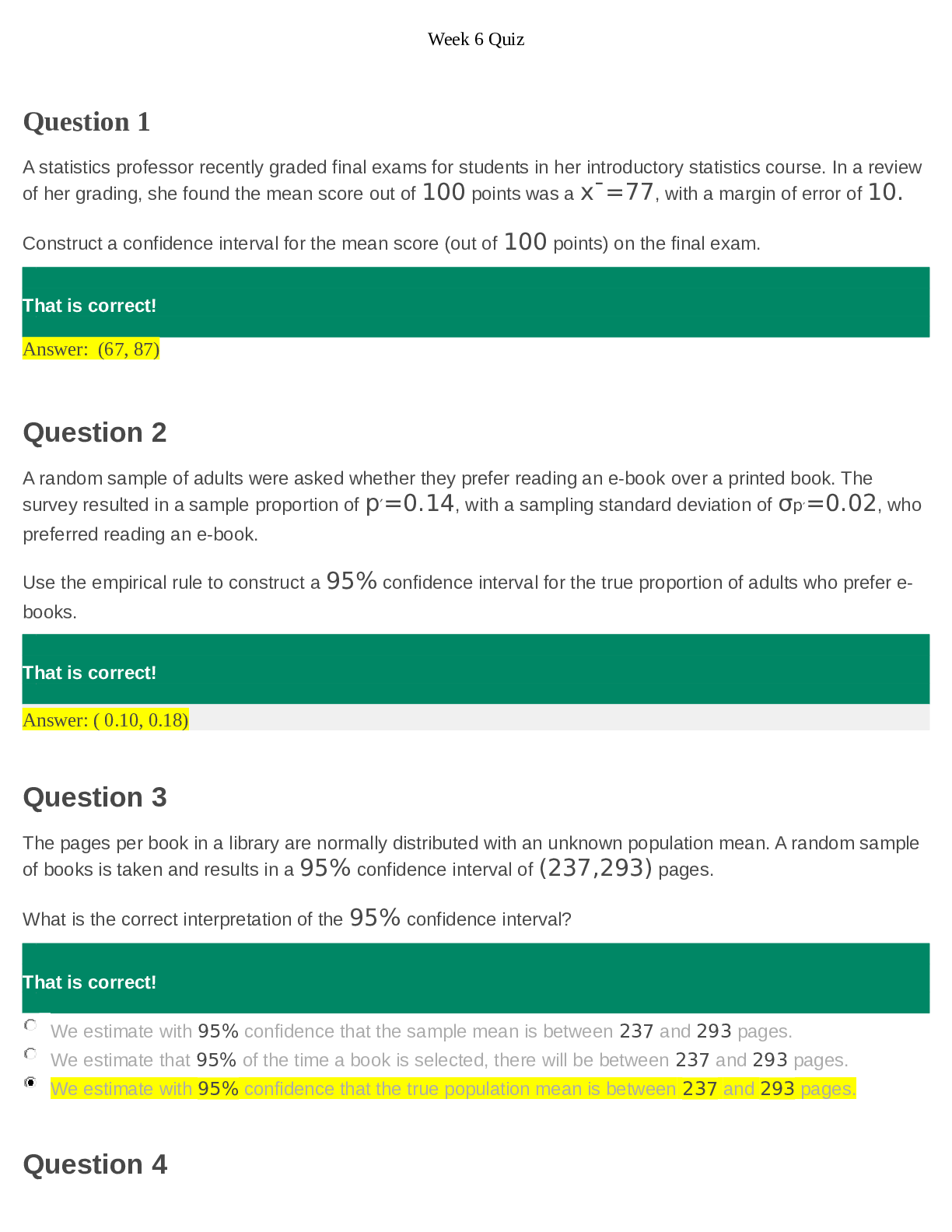 Week 6 Math 225N Statistics Quiz | Answers & Confidence Intervals