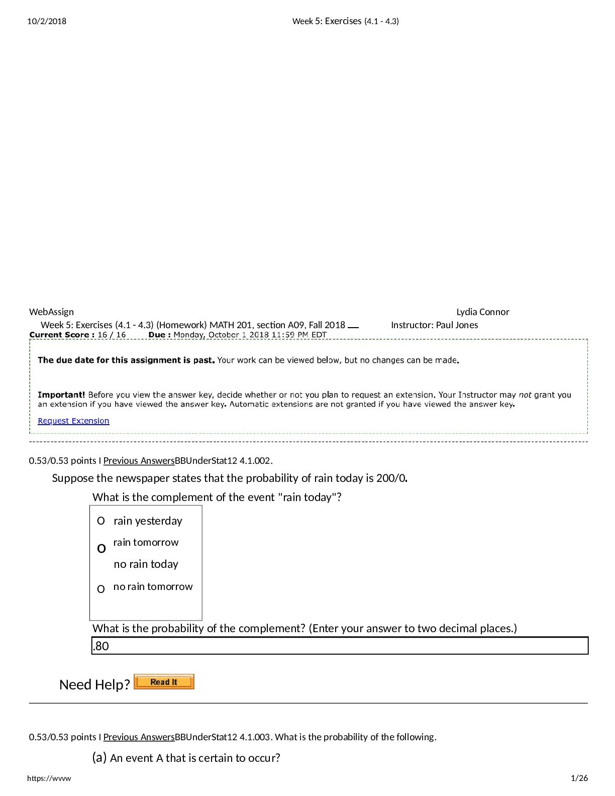 Homework MATH 201, section A09, Fall 2018  (Week 5 Exercises 4.1 - 4.3)