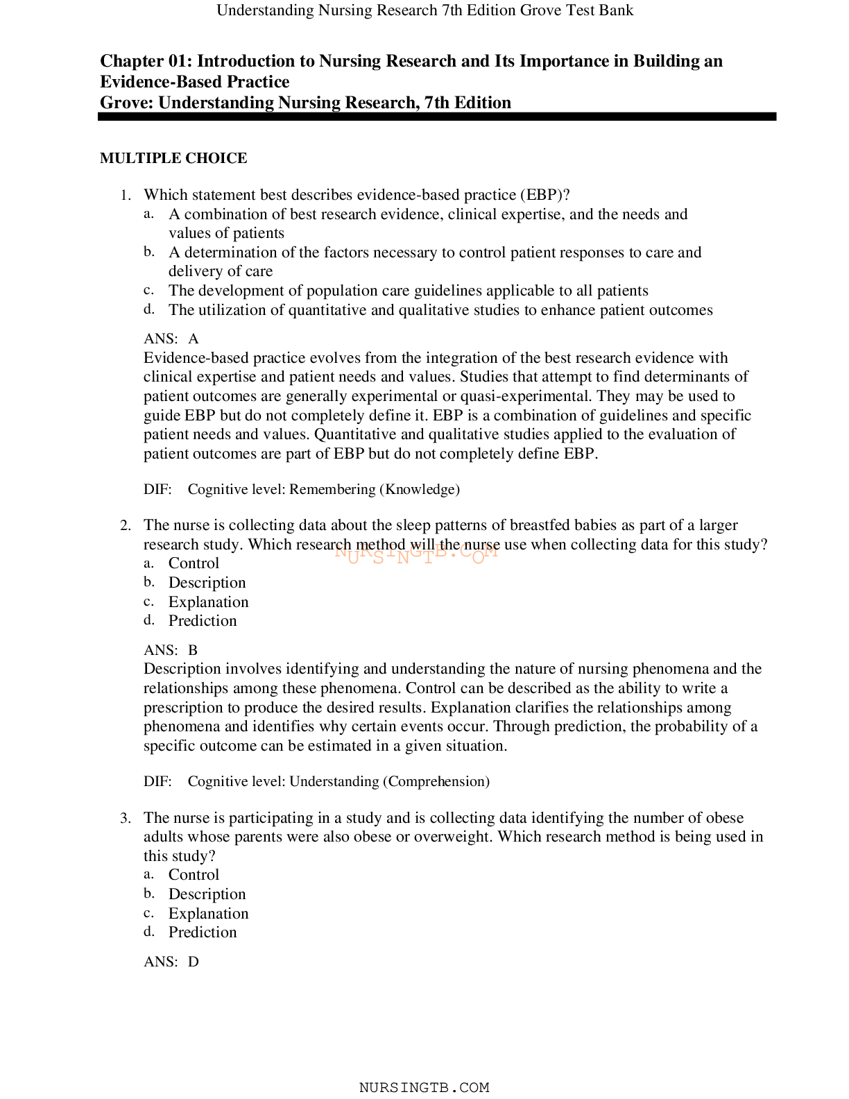 Understanding Nursing Research 7th Edition Grove Test Bank