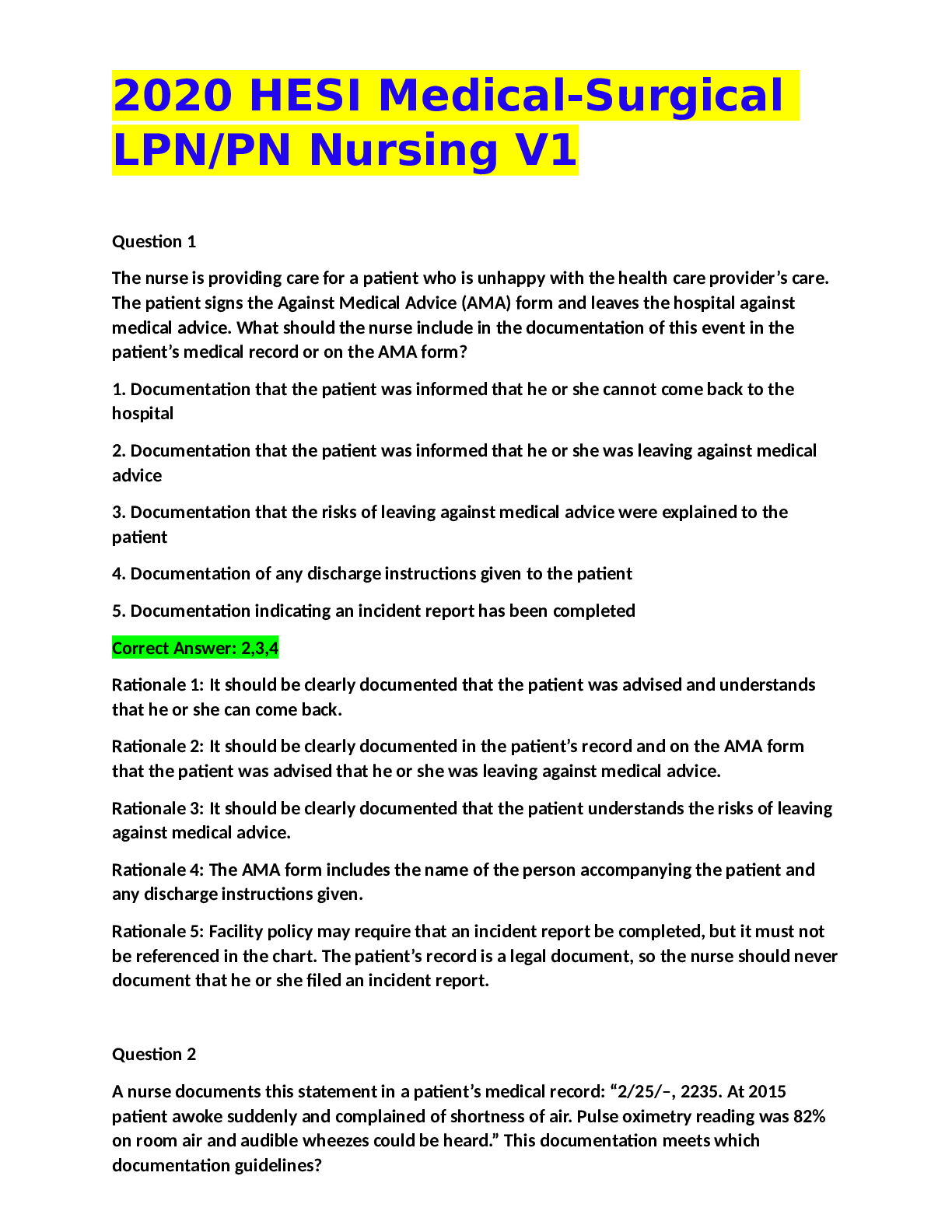HESI Medical-Surgical LPN/PN Nursing V1 (2020 )