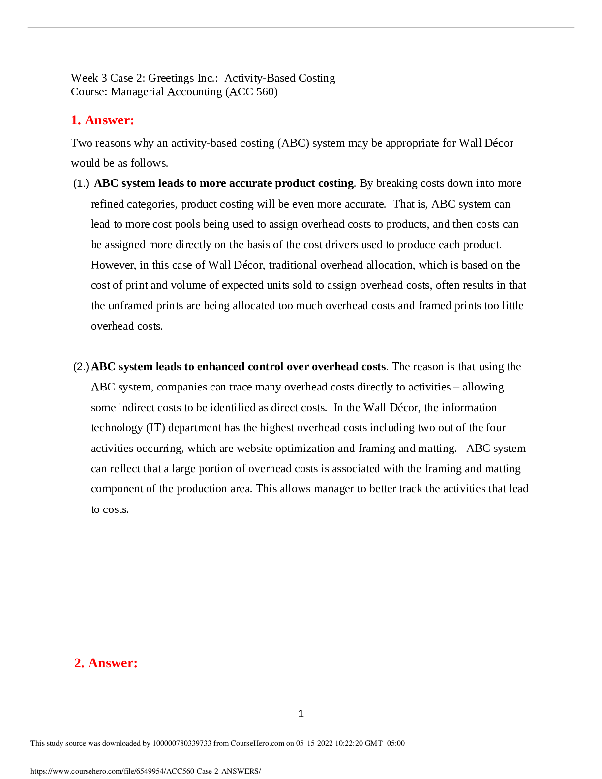 ACC 560 Case 2 Answers Managerial Accounting  Week 3  Activity-Based Costing