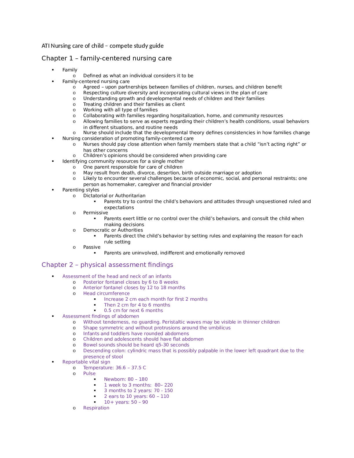 ATI Nursing care of child – compete study guide