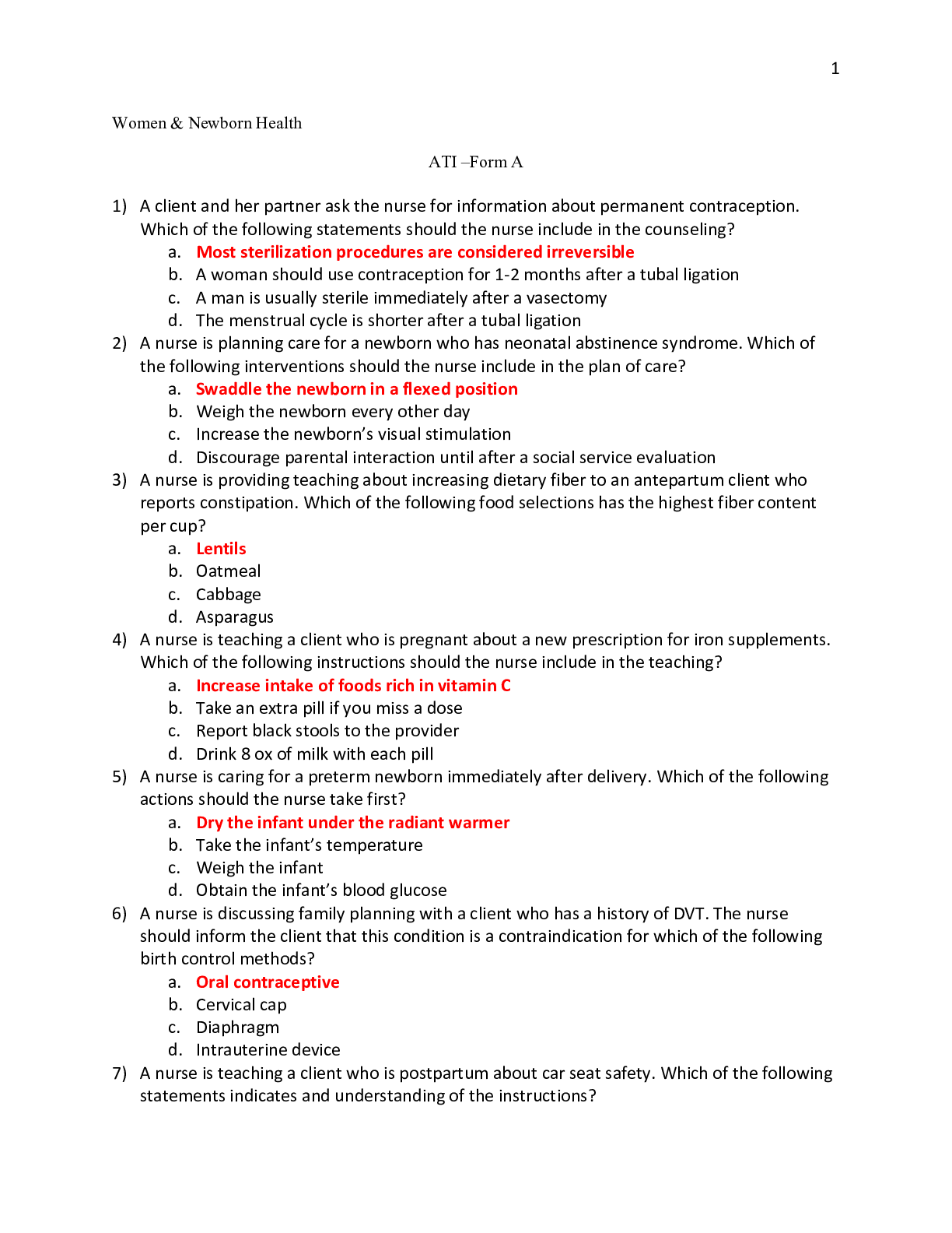 ATI Practice Women & Newborn Health (ATI-Form A)