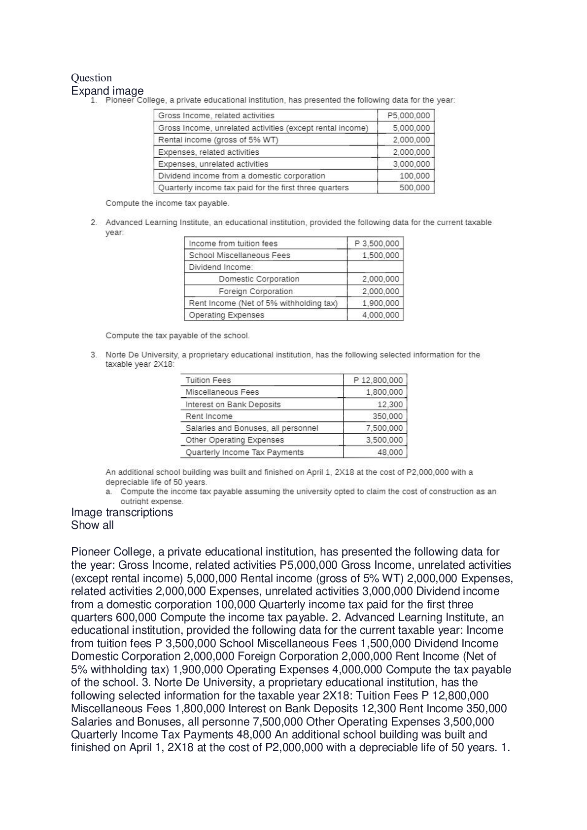 Business Accounting Pioneer College, a private educational institution, has presented the following data for the year