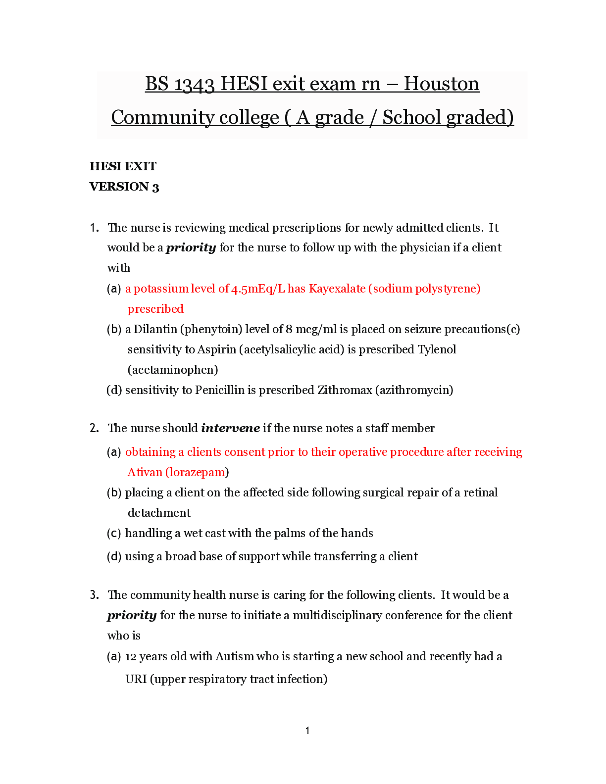 BS 1343 HESI exit exam rn Version 3 – Houston Community college ( A grade / School graded)