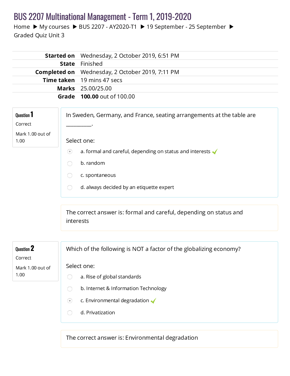 BUS 2207 Multinational Management - Term 1, 2019-2020 (Graded quiz unit 3)