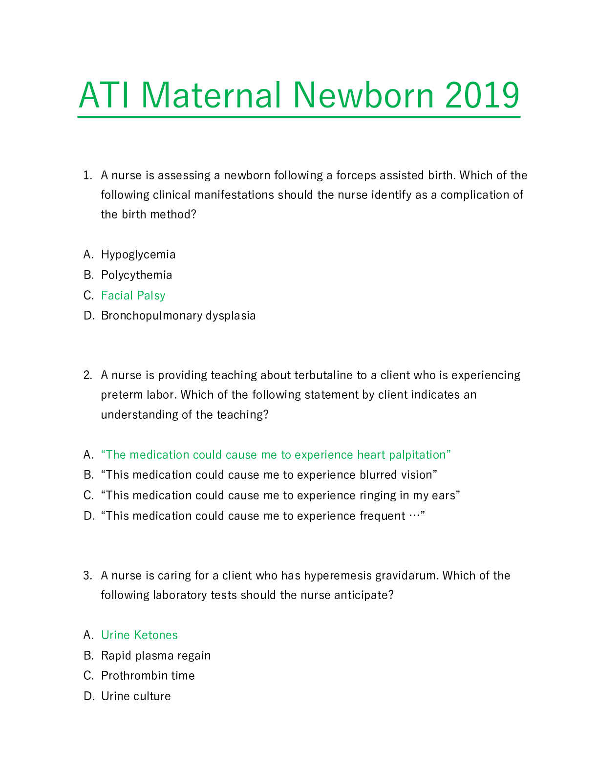 ATI MATERNAL NEWBORN PROCTORED EXAM 2019