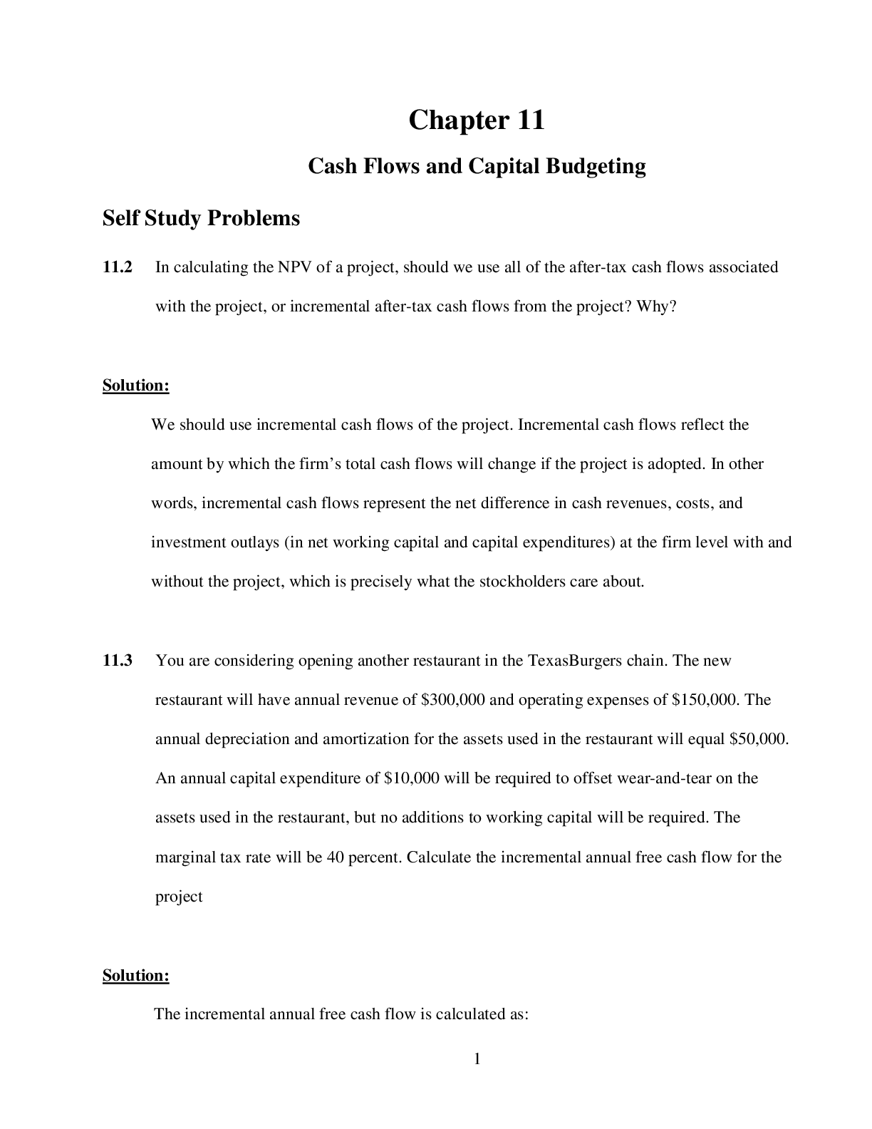 Cash Flows and Capital Budgeting Self Study Problems and solutions (Chapter 11)