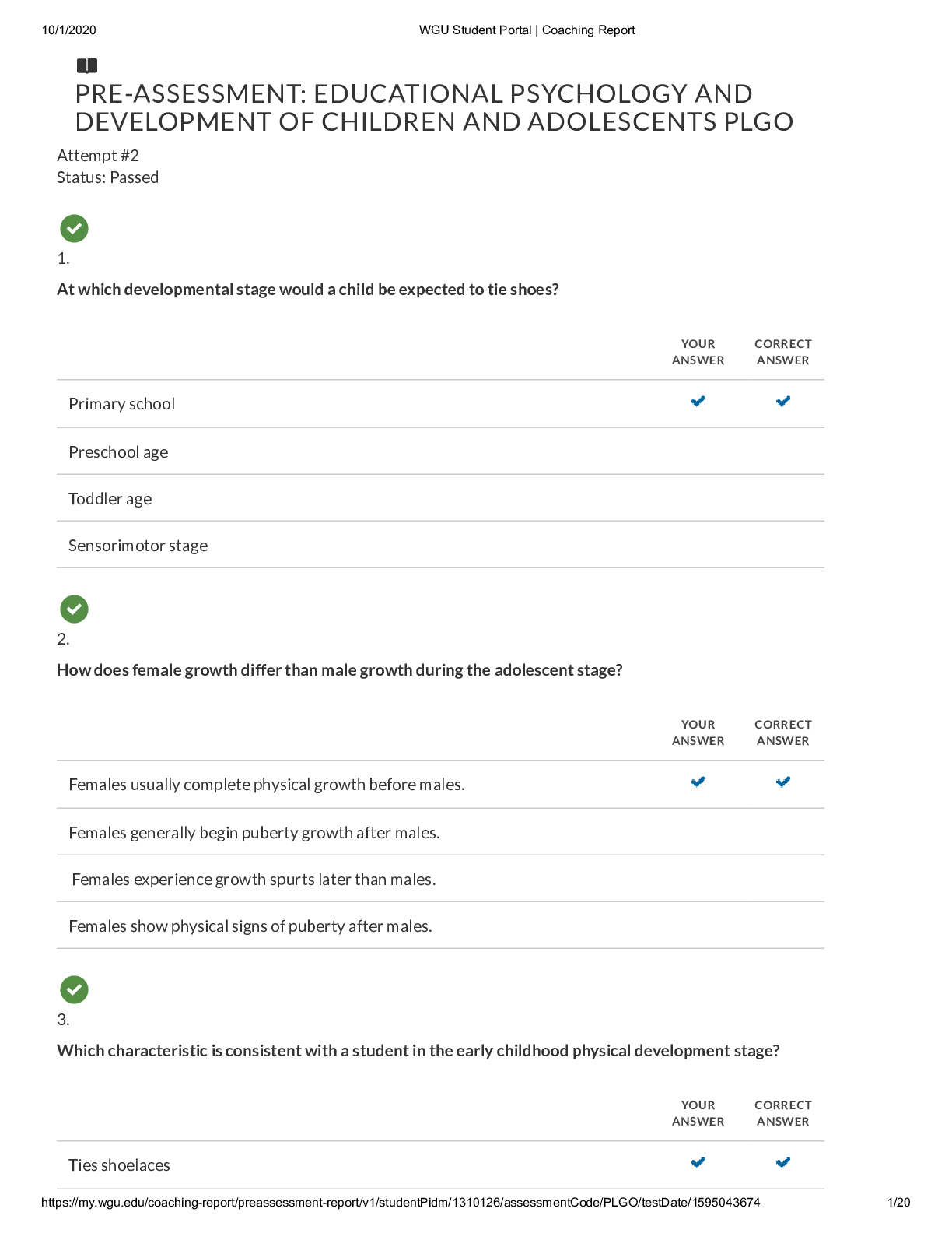 EDUCATIONAL PSYCHOLOGY AND DEVELOPMENT OF CHILDREN AND ADOLESCENTS PLGO (PRE-ASSESSMENT)