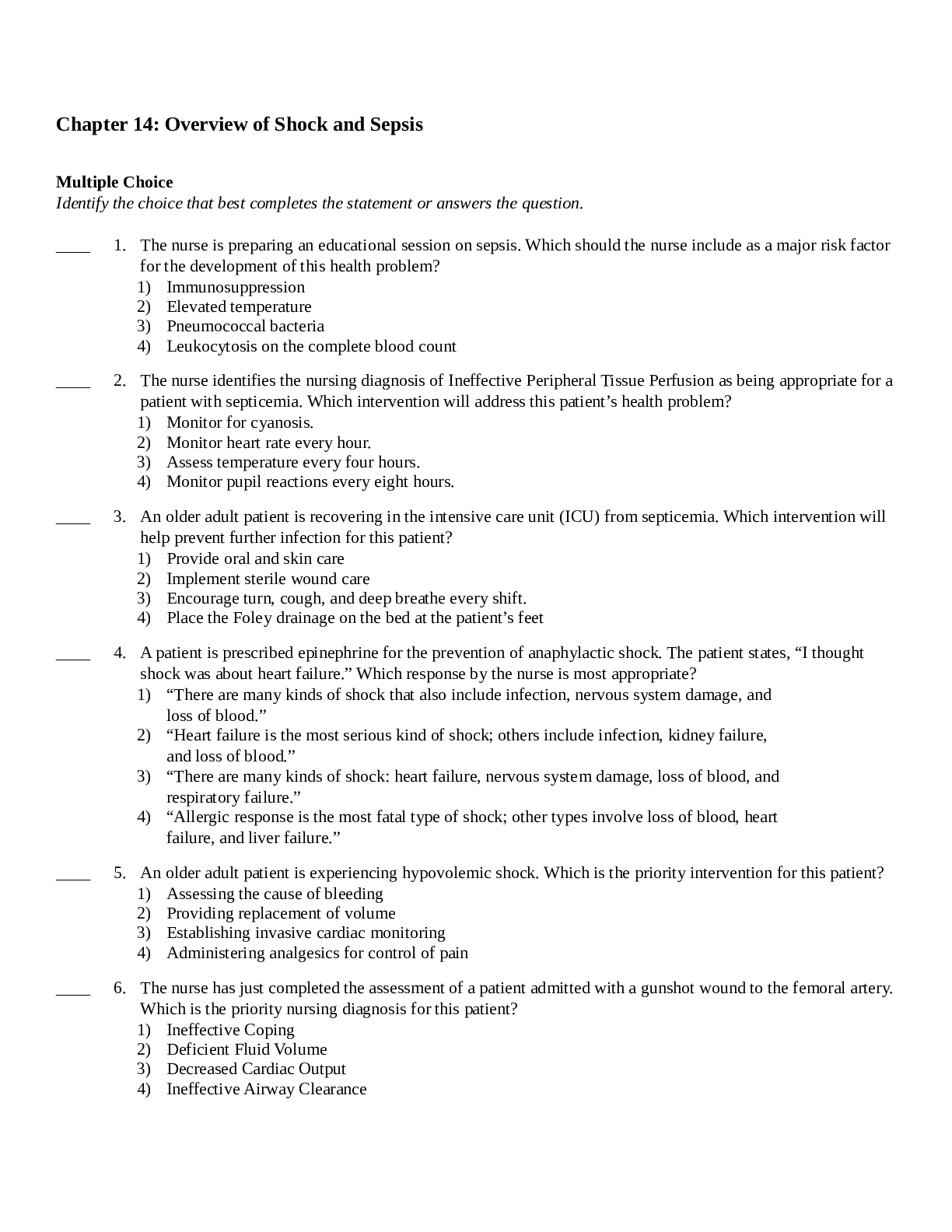 Overview of Shock and Sepsis Chapter 14