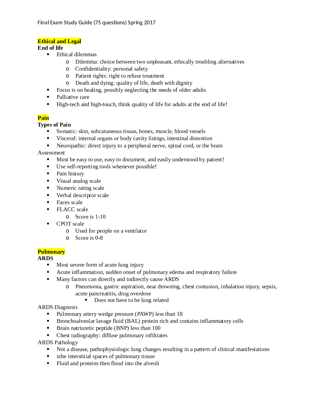 Final Exam Study Guide (75 questions) Spring 2017