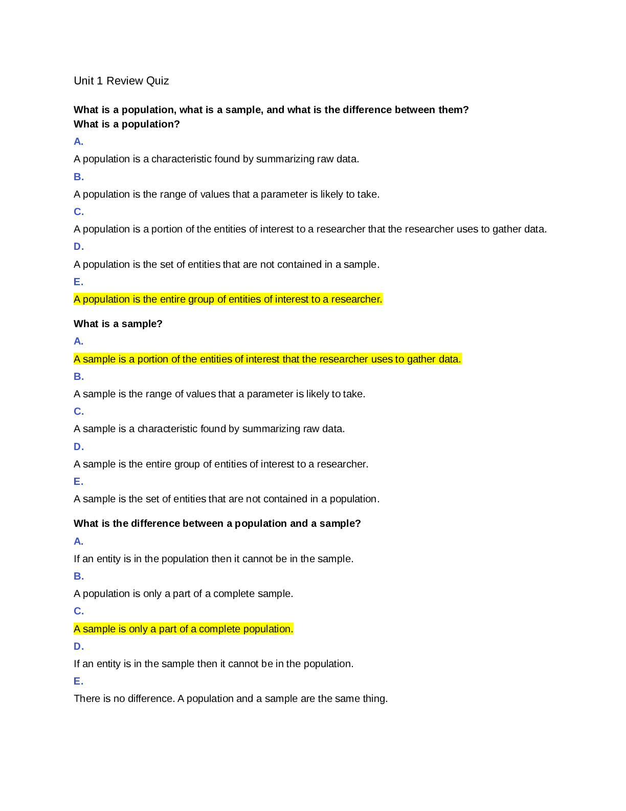 Descriptive Statistics and the Normal Distribution Unit 1 Review Quiz