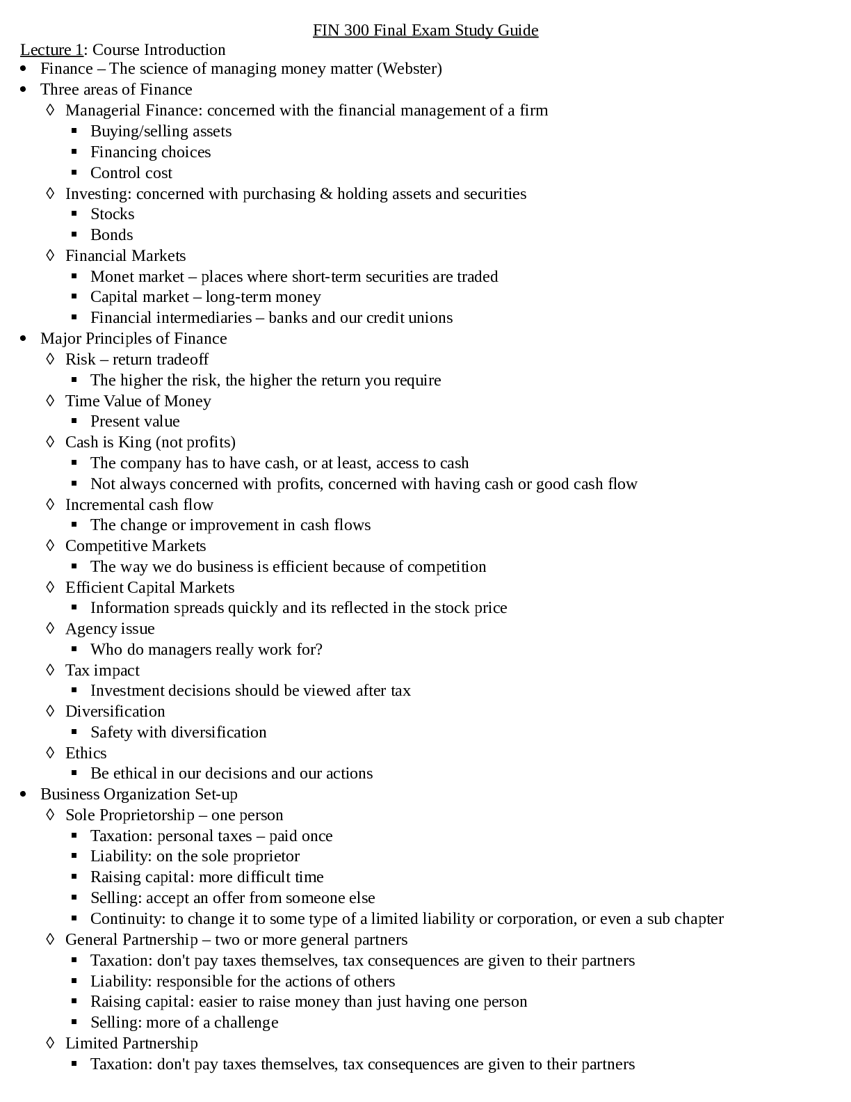 FIN 300 Final Exam Study Guide