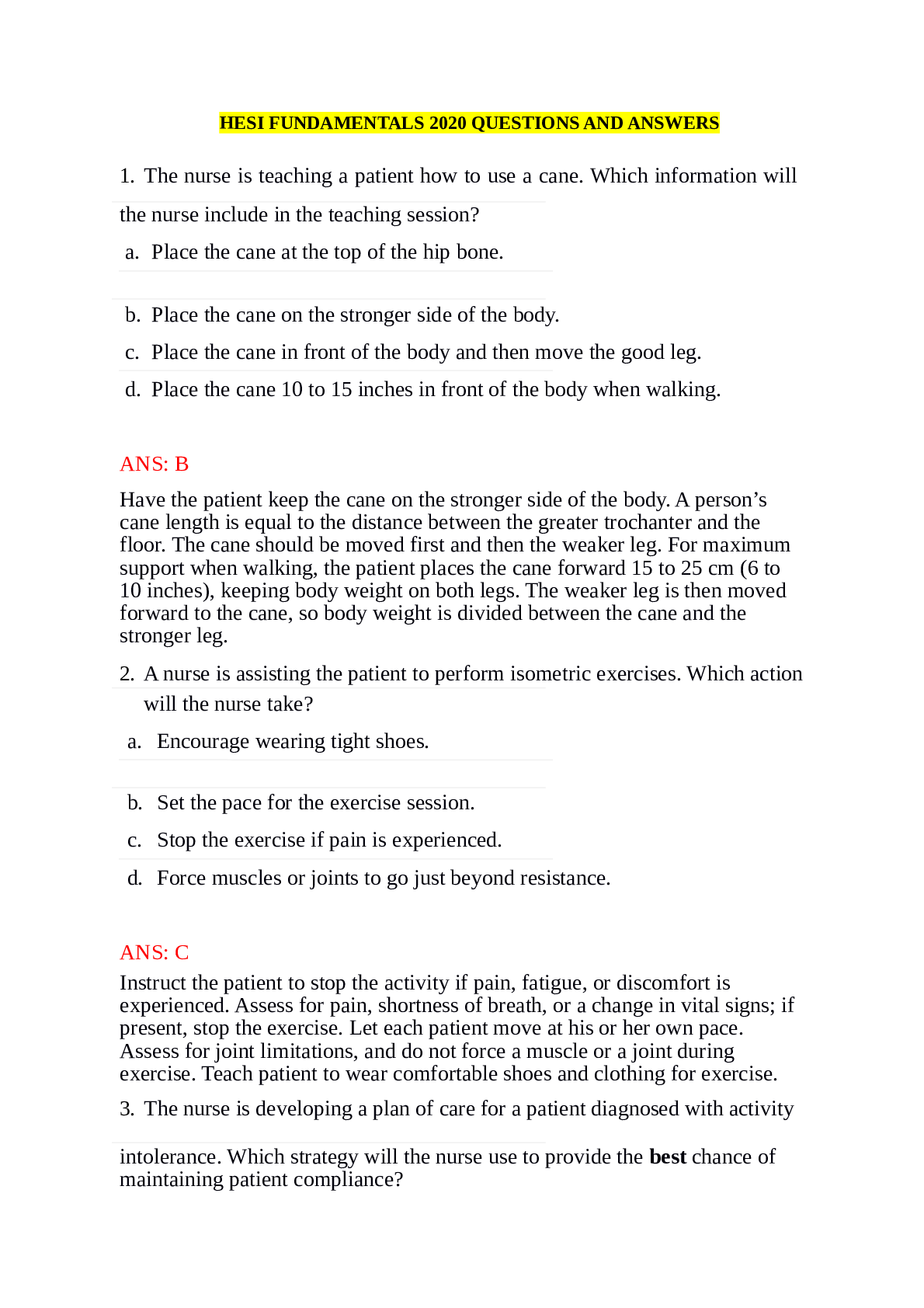 HESI FUNDAMENTALS 2020 QUESTIONS AND ANSWERS