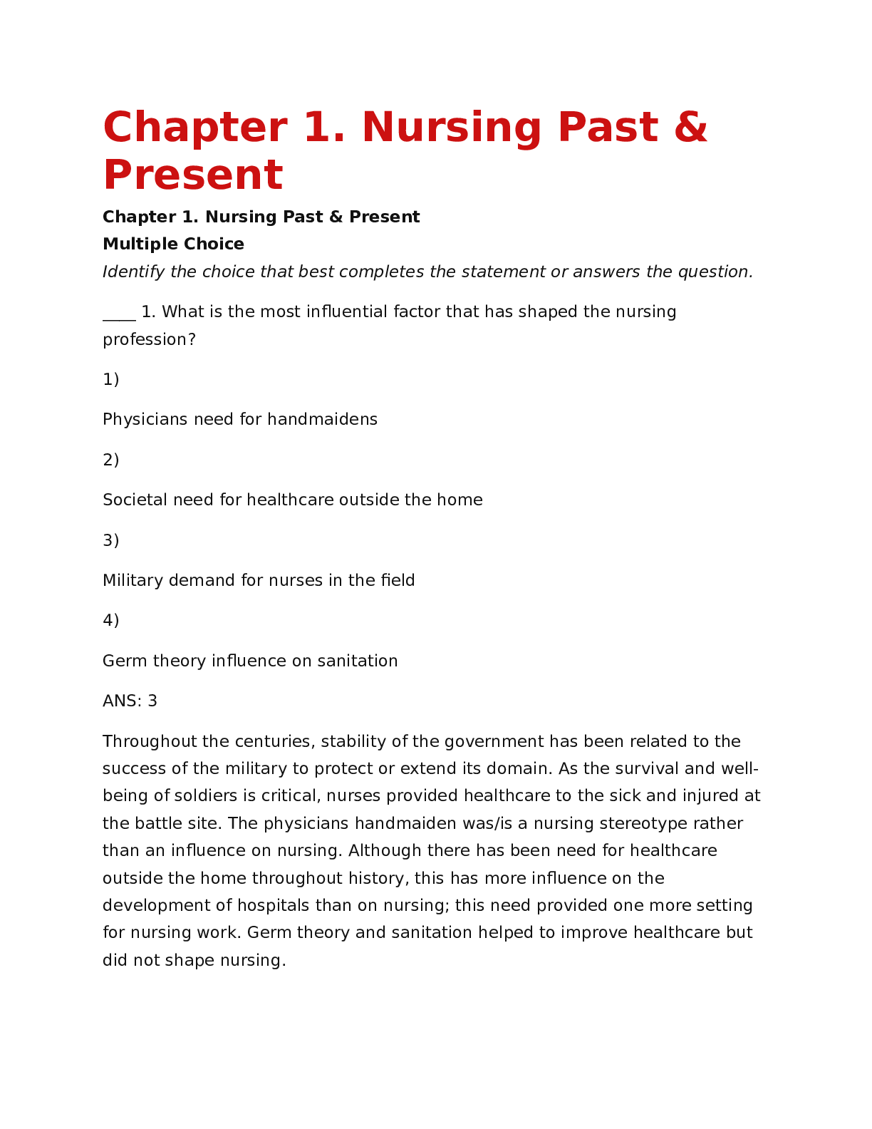 Nursing Past & Present Exam questions