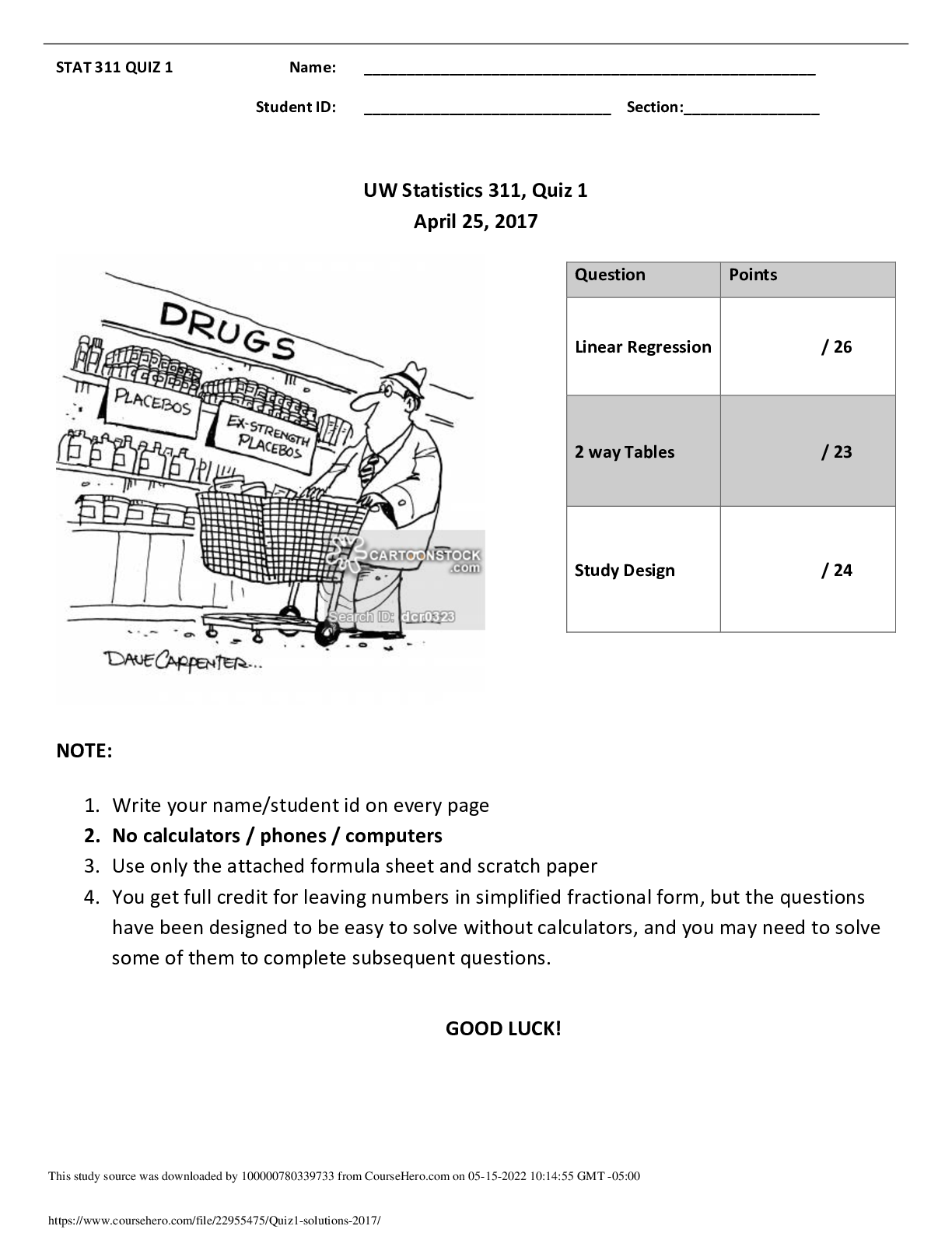 UW Statistics 311, Quiz 1 April 25, 2017