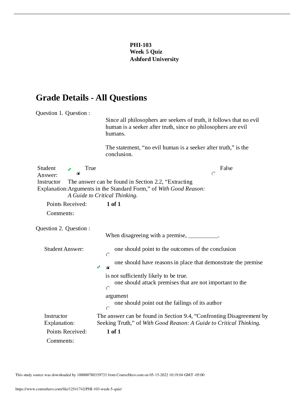 PHI-103 Week 5 Quiz Ashford University