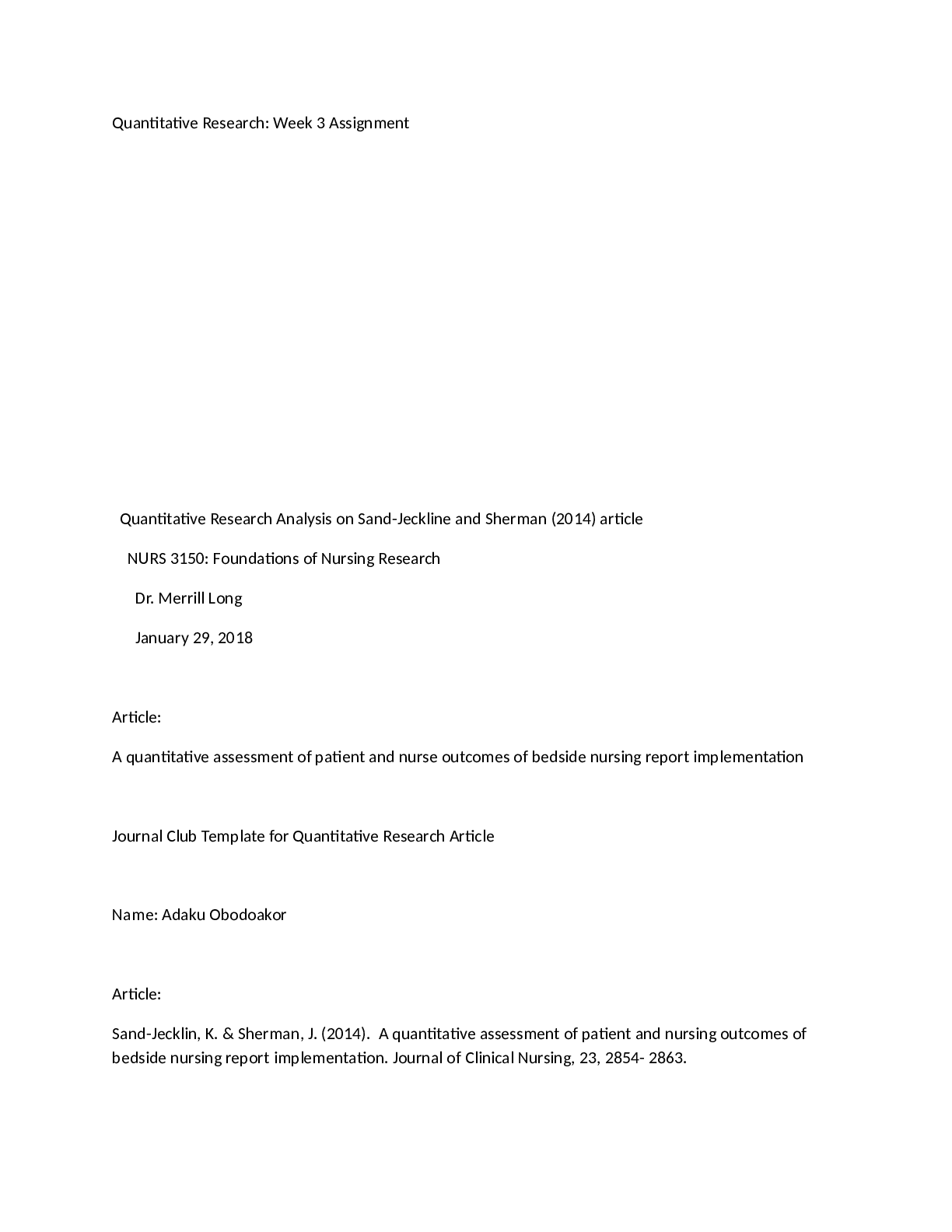 Quantitative Research NURS 3150 CORRECTED DRAFT WEEK 3 ASSIGNMENT