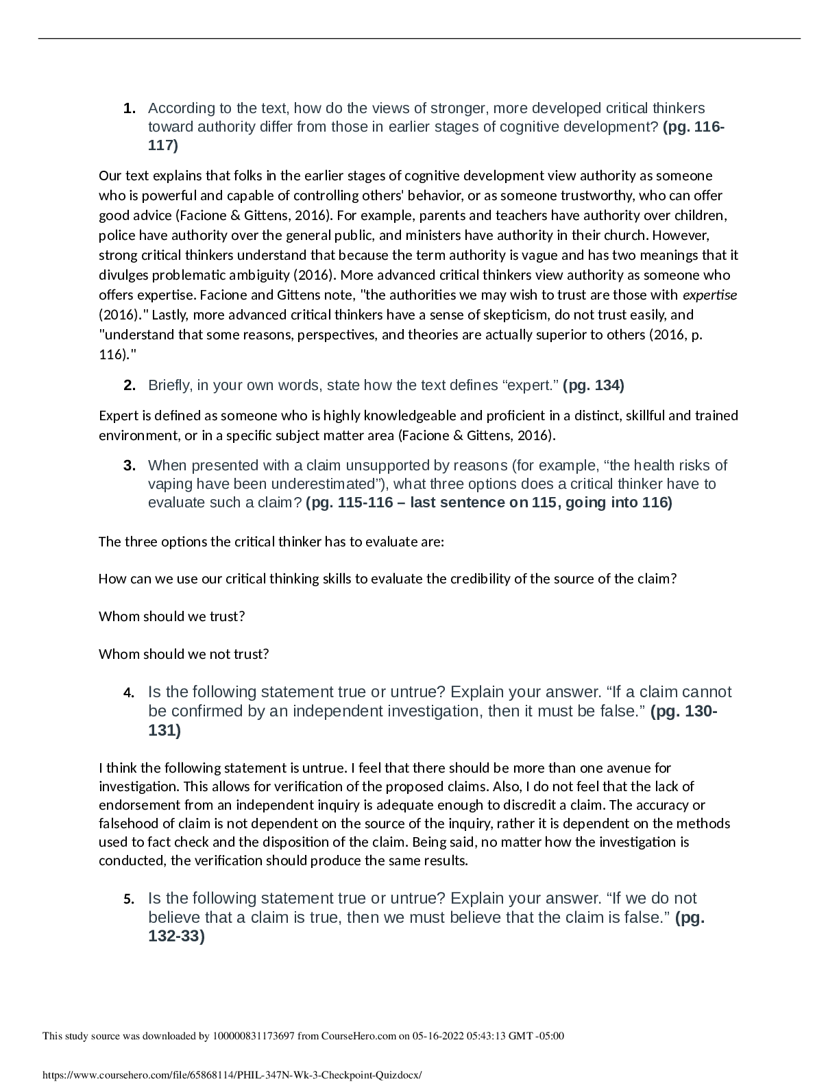 PHIL 347 WEEK 3 CHECKPOINT QUESTIONS AND ANSWERS SOLUTION