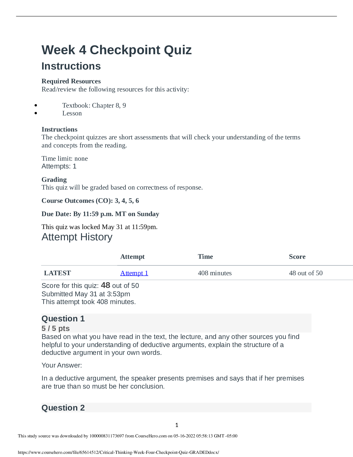 PHIL 347 Critical Thinking Week 4 Checkpoint Quiz
