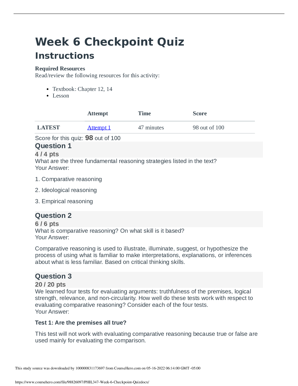 PHIL 347 Week 6 Checkpoint Quiz : practice exam questions and answers