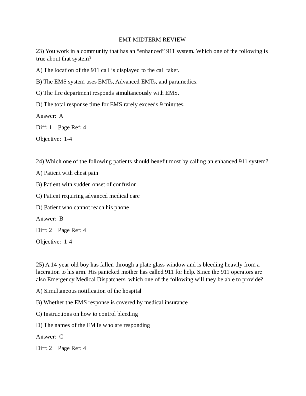 EMT MIDTERM REVIEW question and answers