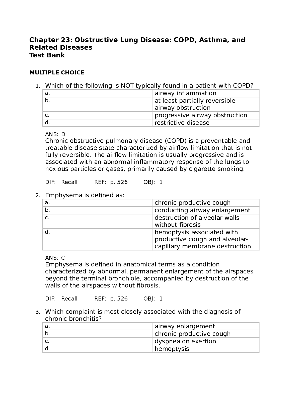Obstructive Lung Disease: COPD, Asthma, and Related Diseases (Chapter 23) Test Bank